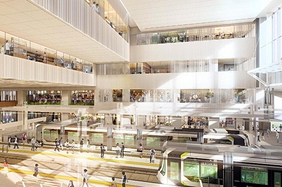 広島新駅ビル「ミナモア」路面電車が2階広場に乗り入れ、商業施設や映画館を内包