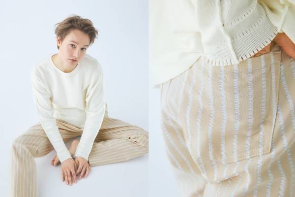 エイポック エイブル イッセイ ミヤケのストライプ柄パンツ、新繊維「ブリュード・プロテイン」で