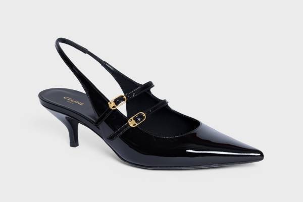 セリーヌのスリングバックパンプス、「トリオンフ」バックルのダブルベルトやレオパード柄