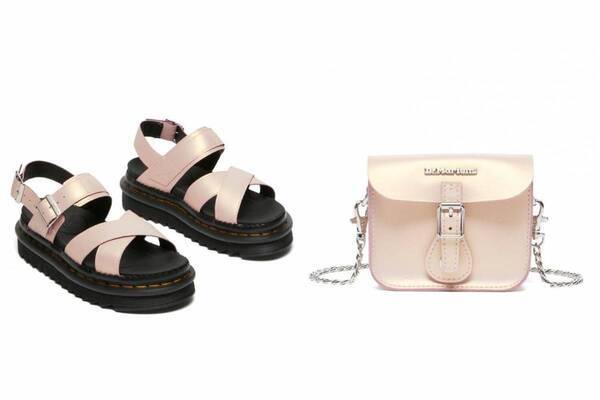 ドクターマーチン25年春夏、パウダリーピンクの厚底サンダル＆チェーンストラップ付きサッチェルバッグ