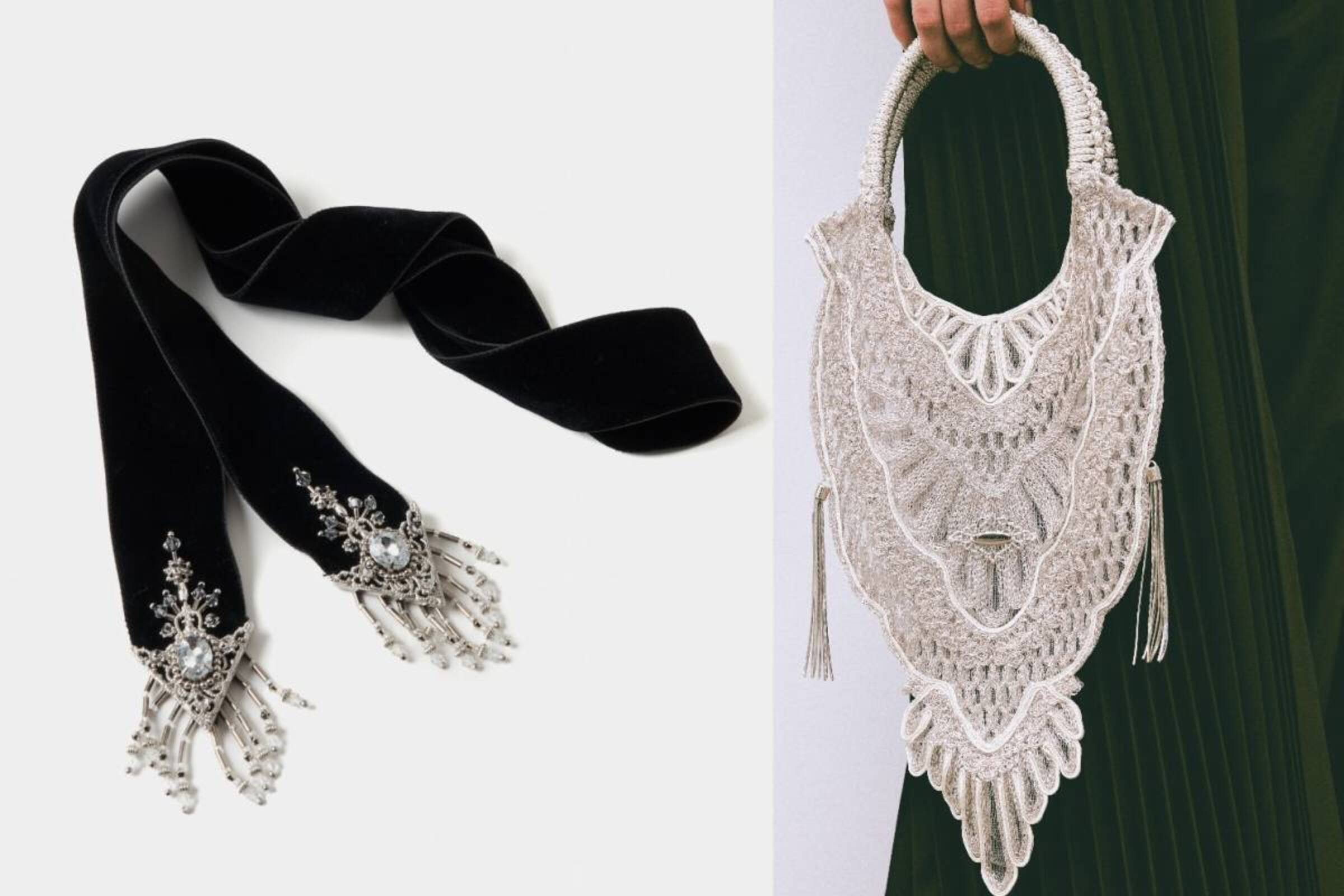 タナカダイスケ“ラメ糸刺繍”バッグ＆ビジューフリンジのリボン、伊勢丹  