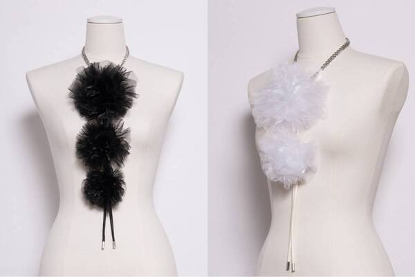 ノワール ケイ ニノミヤの透け感ふんわりフラワーハーネス、チュール＆オーガンザの花モチーフ