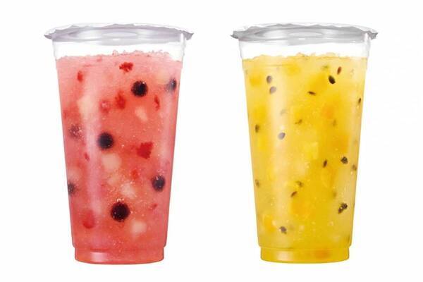 ミスタードーナツ“シャリッと食感×ごろごろ果肉”のフローズンドリンク、ピーチやマンゴーの2種類で