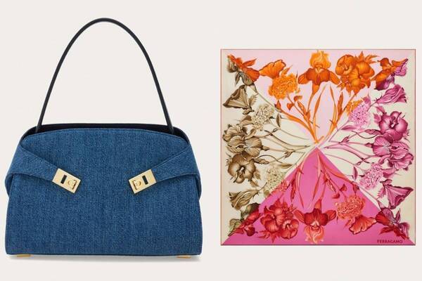 フェラガモのウィメンズグッズ、デニムの「ハグ」バッグ＆花々描いたシルクスカーフ