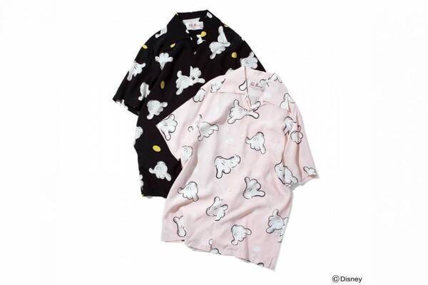 ネーム×アロハブロッサム、ミッキーマウスの“アロハポーズ風”ハンドサインの総柄ハワイアンシャツ
