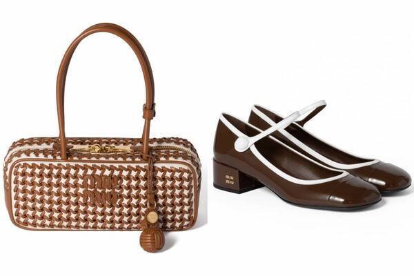 ミュウミュウ“波模様”の編み込み「ボー」バッグ＆光沢レザーのメリージェーンパンプス