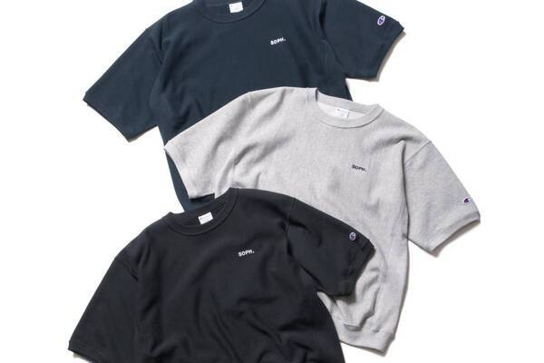 チャンピオンのソフ限定Tシャツ＆半袖スウェット、シンプルなロゴ刺繍入り