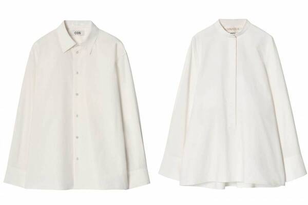COSの白シャツ、クラシックな襟付きデザイン＆マザー・オブ・パールボタンのノーカラーシャツ