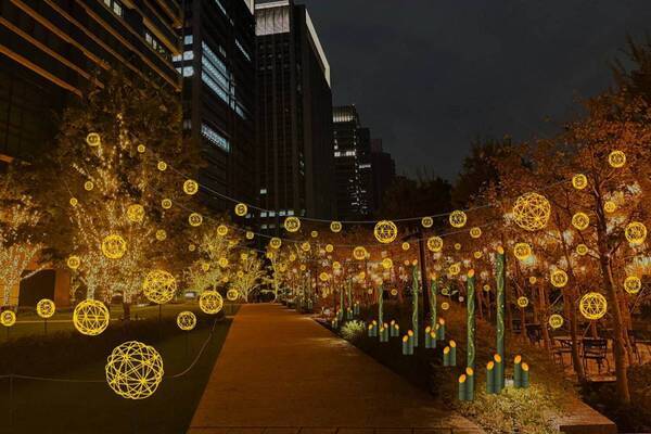 ライトアップイベント「竹あかり」東京・大手町ワンで、ほんのり光る竹＆球体でガーデンを装飾