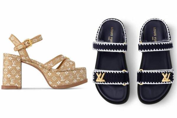 ルイ・ヴィトン、全面モノグラム・パターン入りラフィアサンダル＆ゴールドパーツ煌めくフラットシューズ