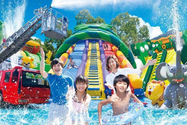 さがみ湖もりもり“関東最大級”屋外水遊びエリアではしご車の大放水、バルーンプールやスライダーも