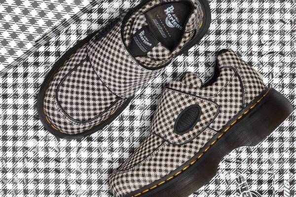 ドクターマーチン × メイドミーの厚底シューズ、白黒チェック柄アッパーに大胆なベルクロストラップ