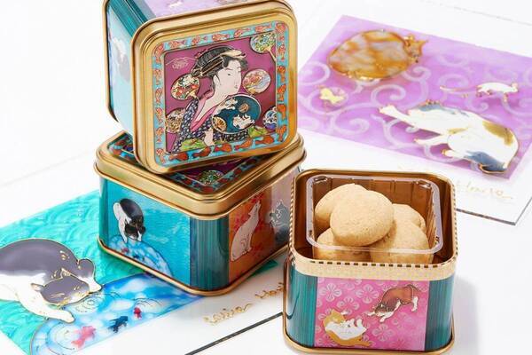 “浮世絵×ネコ”描いたクッキー缶「お江戸ネコ缶」豆本型ふせん付きで、青山デカーボから
