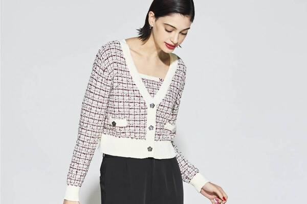 マリークワント“ラメ入り”ツイードカーディガン＆ドット柄チュールワンピース、ベルベットポーチも