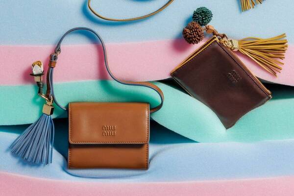 ミュウミュウのレザーグッズ、ショルダーストラップ付き財布やタッセルを飾ったカードケース