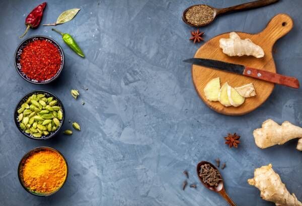 Selection of Spices at blue stone background