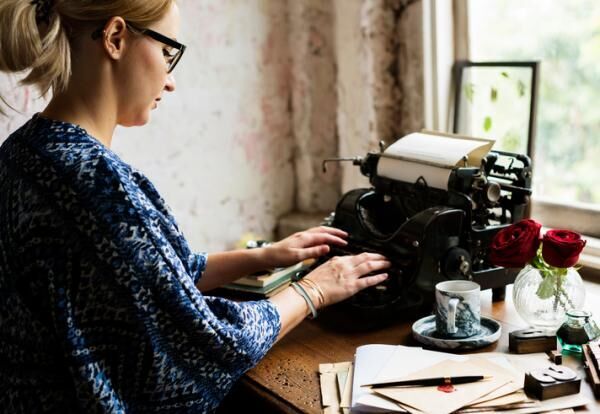 Woman Using Typing Retro Typewriter Machine Work Writer