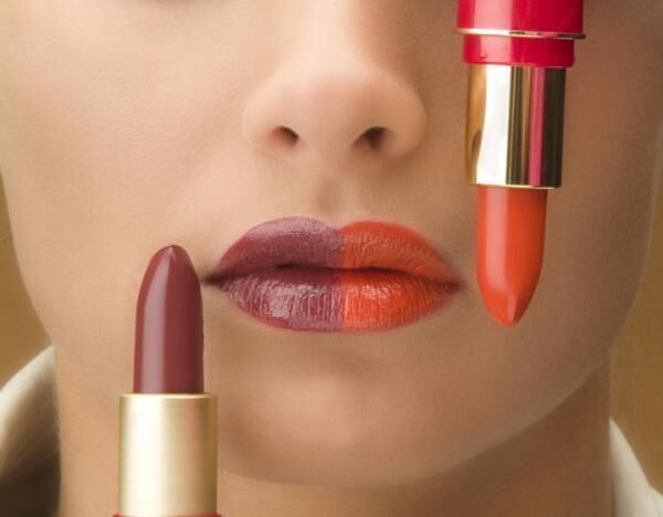 Two color lips and corresponding colors of lipstick