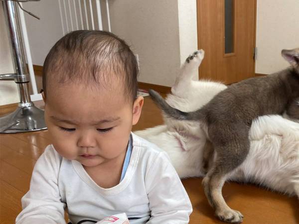 ジュースに夢中な赤ちゃんだけど…？　後ろの『光景』に、１９万人が吹き出す！