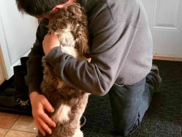 出かけるのがつらくなる　飼い主に「行ってらっしゃい」とハグする犬にキュン