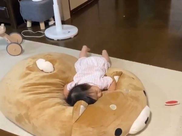 『柴犬クッション』を巡る攻防　娘さんが全身で楽しんでいると、突然？