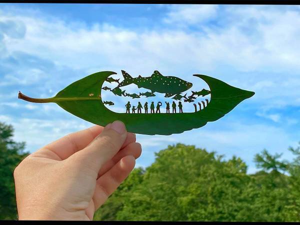 葉っぱで作られた『切り絵』がTwitterで話題　青空に作品をかざすと…　「なんて繊細」