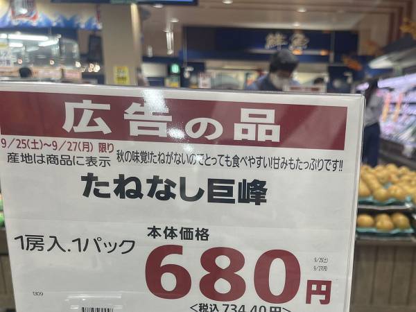 左側は『たねなし巨峰』のポップ　右側を見ると…バチバチ具合がやばい！