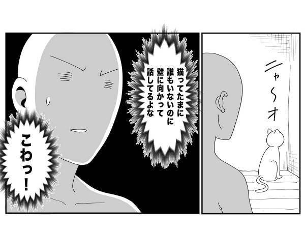 何もない壁に向かって鳴く猫に、飼い主「こわっ」　２コマ目がジワる