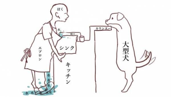 カウンター越しに犬と見つめ合う飼い主の１枚に「情報量が多すぎる」「大笑いした」