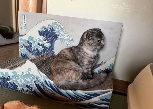 浮世絵を背景に猫が居座ると…　「にゃんこ様だけ写実的！」