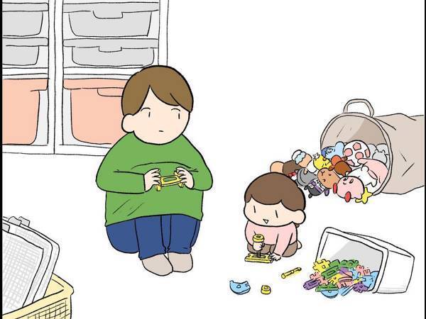 『おもちゃを出したい娘vs片付けたい母親』片付け中のエピソードに「笑った」