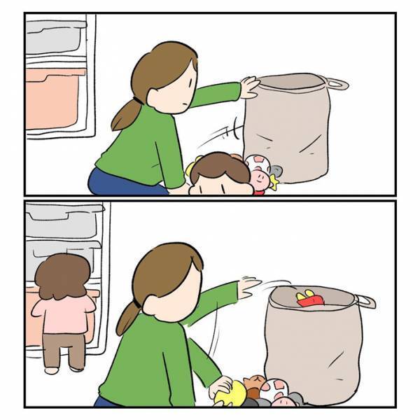 『おもちゃを出したい娘vs片付けたい母親』片付け中のエピソードに「笑った」