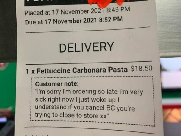 「閉店１４分前に配達の注文が入った」　飲食店の店員が写真を投稿したワケは？