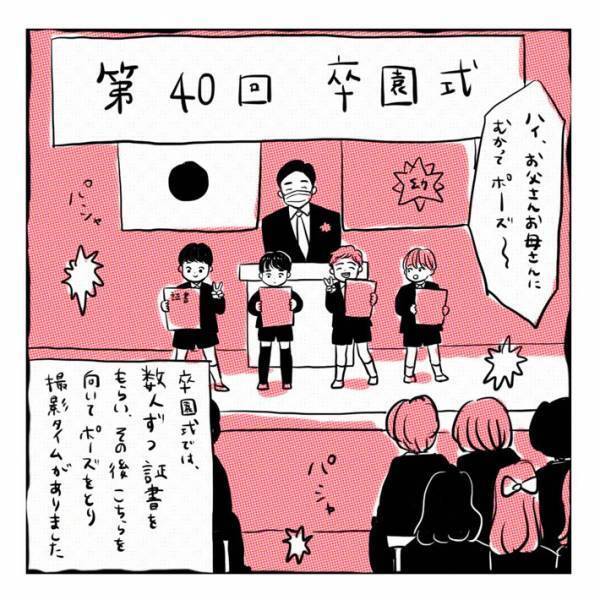 卒園式で、保護者にポーズをとる子供　６歳長女の行動に会場がザワッ
