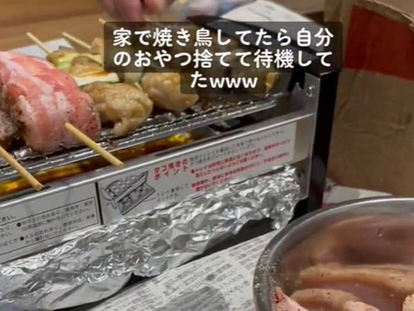 家で焼き鳥をしていたら『背後』で？「期待に満ちた表情がかわいい」
