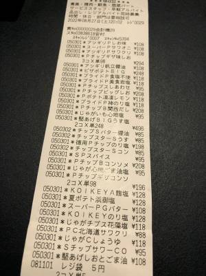 夫が買い物をした時のレシート　『妻の願い』を叶えた結果に「ポテトチップスは最高だな！」