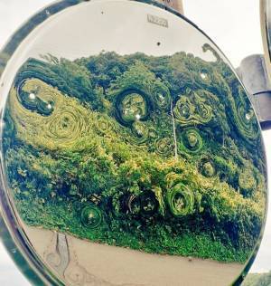 表面がボコボコしたカーブミラー　映った自分を撮影した光景に「禍々しい！」