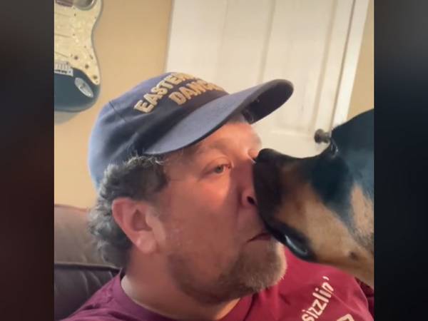 飼い主にキスをする犬　あまりの『めりこみ方』に「爆笑」「愛情が深すぎる」