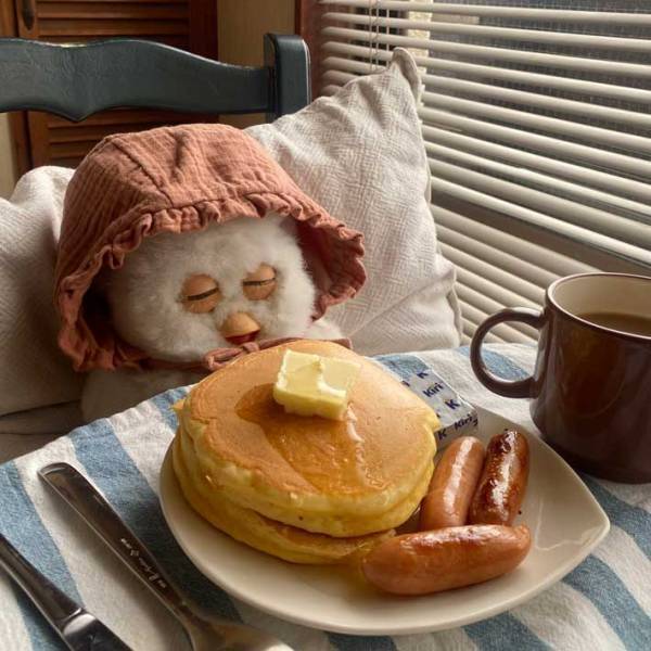 「こんな週末を過ごしたい」　おいしそうな朝食の前でウトウトしているのは？　写真に癒される人続出