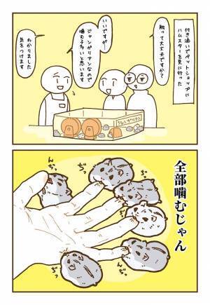 店員の許可を得て、ハムスターを触ろうとした次の瞬間！　２コマオチに「爆笑」「警戒できて偉い」