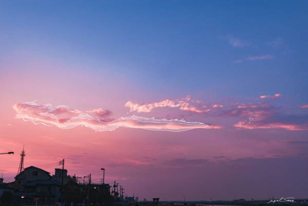 夕暮れ時の空に浮かぶ一筋の雲　まるで『あの生き物』のようだと話題に