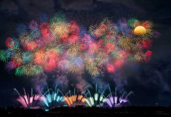 豪華絢爛な花火が上がる夜空　ひょっこり顔を出したのは？　「なんかかわいい」「好き」