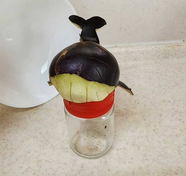 雨でも安全そうなお盆の精霊馬　ナスで作られたのは？　「素敵」「台風でも大丈夫」