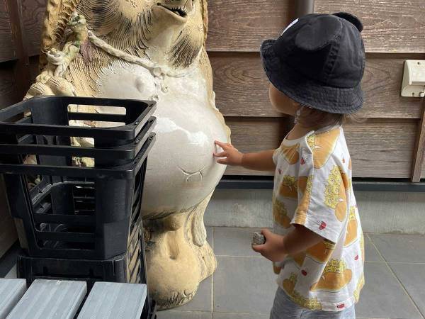 タヌキの置き物を見た１歳児が？　ひと言に「爆笑」「既視感があったのかな」