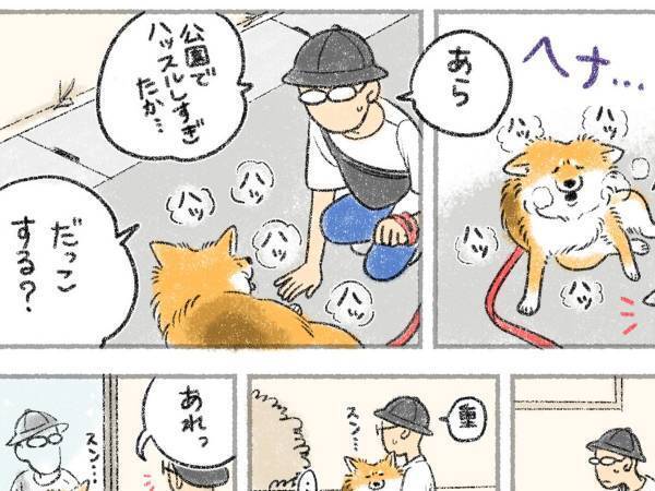 散歩の帰り道に、疲れて座り込む犬　飼い主が抱きかかえると…？