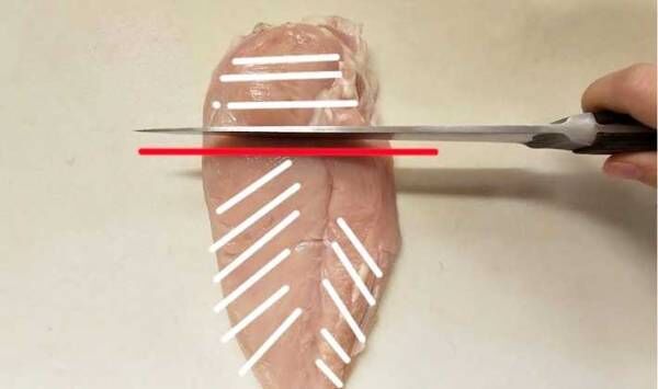 鶏むね肉の繊維の方向に対し包丁でカットする部分を赤線で記した写真