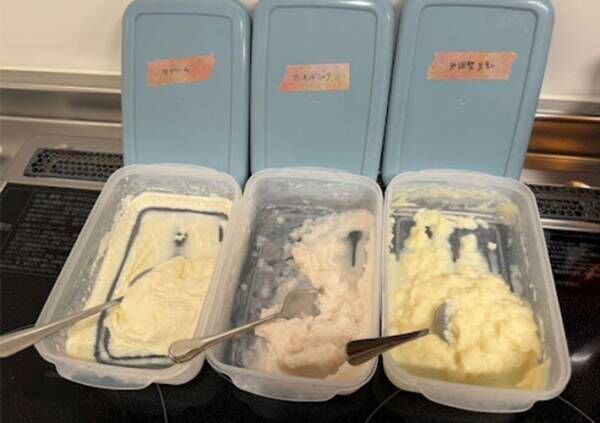 アーモンドミルク・無調整豆乳・ホイップクリームでそれぞれ作ったジェラートを並べた写真