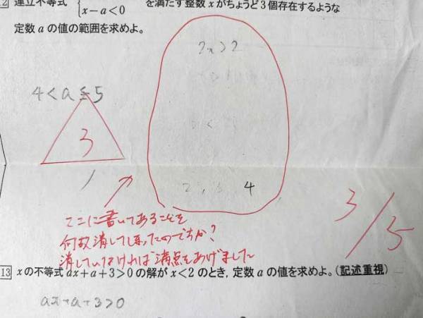 途中式を消した高校生に『△』　減点された理由に込められた、先生からのメッセージに感動