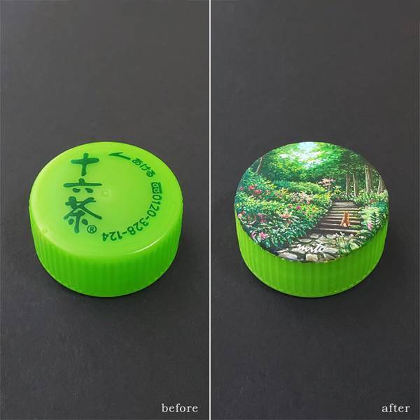 「ペットボトルキャップに風景を描きました」　作品に「すごい…神業」