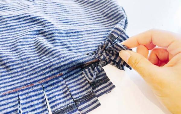 いらない服の裾を切って…　できたものに「縫わずに完成」「思い出そのまま」